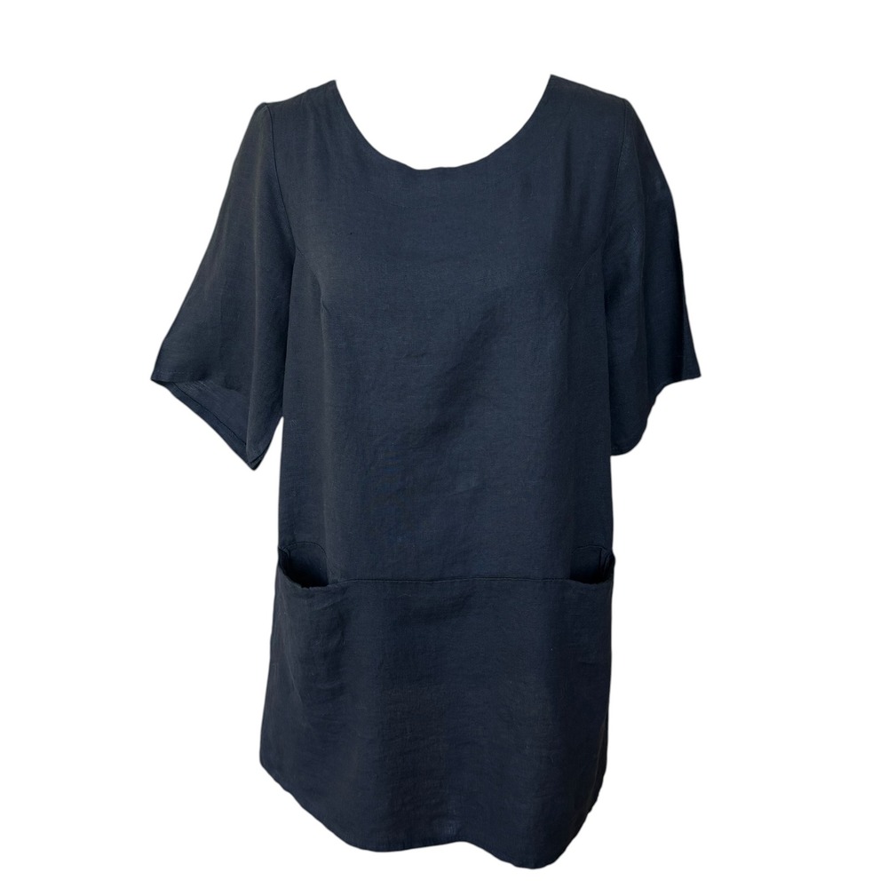 SAGA Italy Women Black Sustainable Linen Tunic Top Short Sleeve Pocket Shift NEW